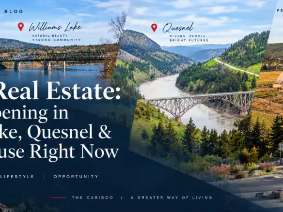 Cariboo landscape with the blog title "Cariboo Real Estate: What's Happening in Williams Lake, Quesnel & 100 Mile House Right Now"