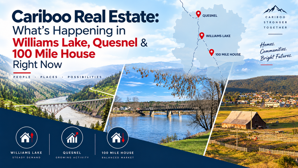 Map of Quesnel, Williams Lake and 100 Mile House with photos of the Cariboo region, labeled "Homes. Communities. Bright Futures."